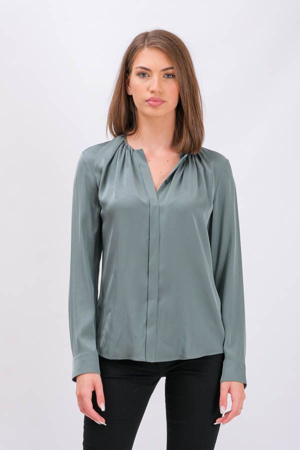 Boss Stretch-Silk Crepe-De-Chine Blouse With Gathered Neckline-Green A1013