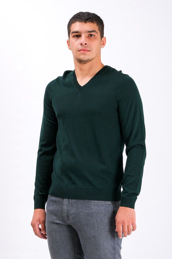 Boss V-Neck Sweater In Mulesing-Free Wool-Olive A1112