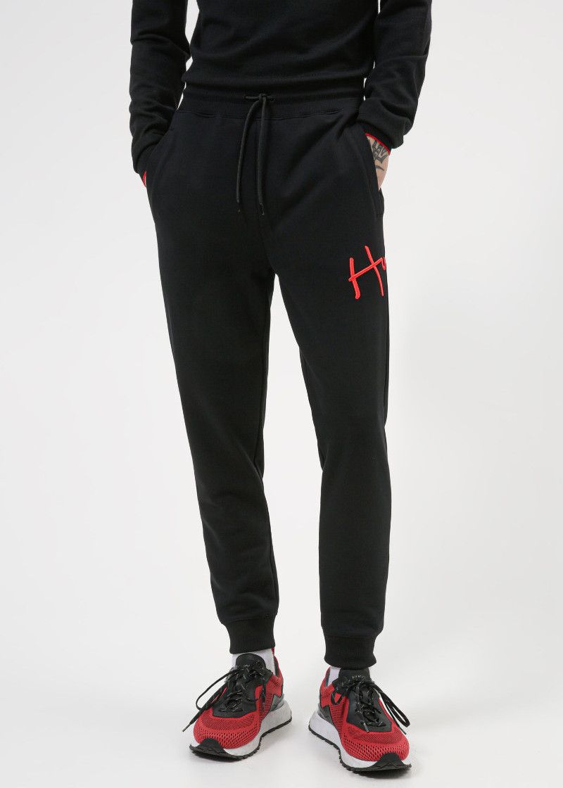 Hugo Cuffed Tracksuit Bottoms In Organic Cotton With Handwritten Logo Black A2702