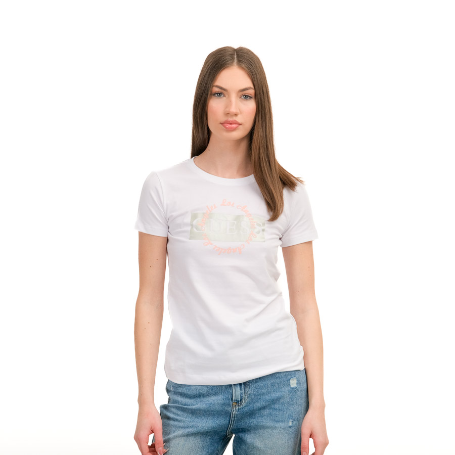 GUESS Ss Cn Round Logo Tee Pure White C6851
