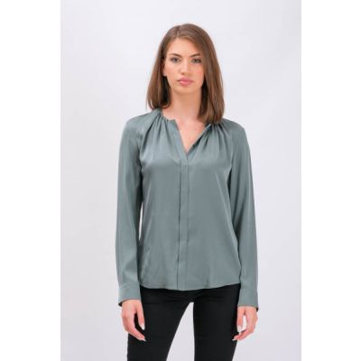 Stretch-Silk Crepe-De-Chine Blouse With Gathered Neckline-Green