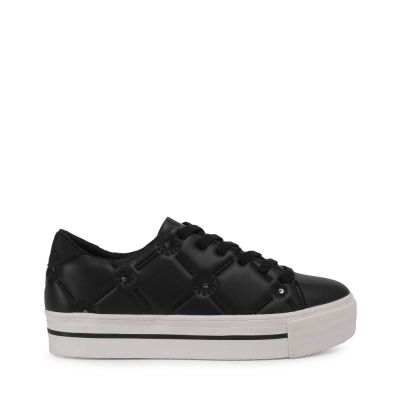 Leather Effect Sneakers Embroidered Little Sequins Black