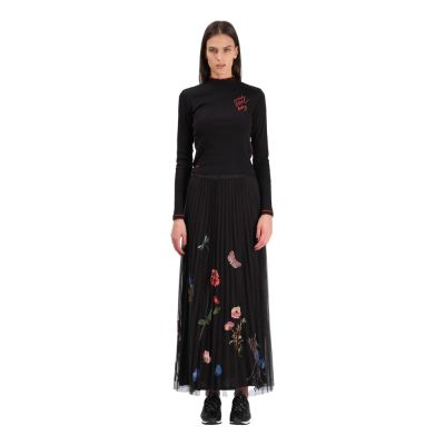 Long Pleated Skirt Double Layer Black