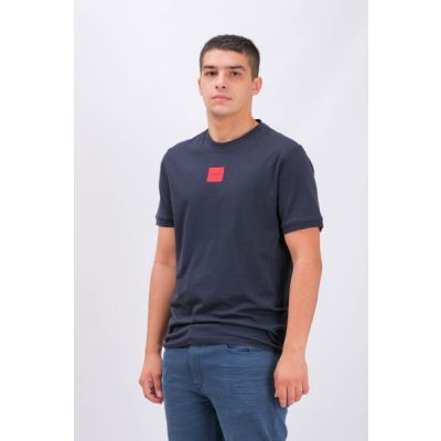 Regular-Fit Cotton T-Shirt With Red Logo Label Dark Blue